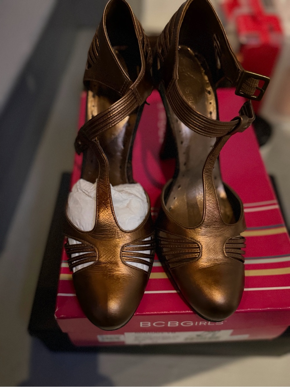 BCBGirls Metallic Bronze T-Strap Heels